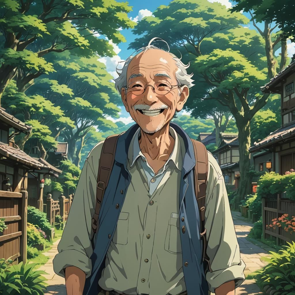 Smiling Old Man Cartoon Illustration: Anime Key Visual