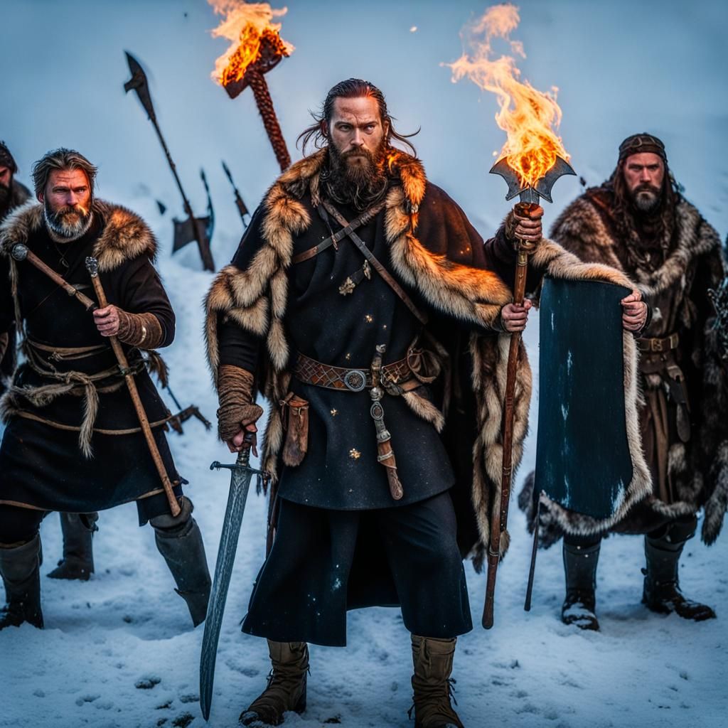 Viking Warrior in Medieval City Ruins, Wielding Flaming Swor...