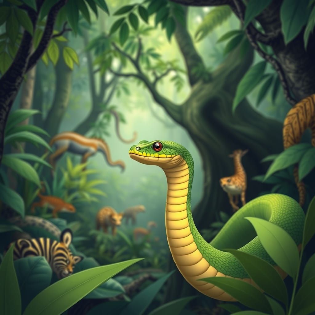 Vibrant Snake in Jungle, Digital Illustration