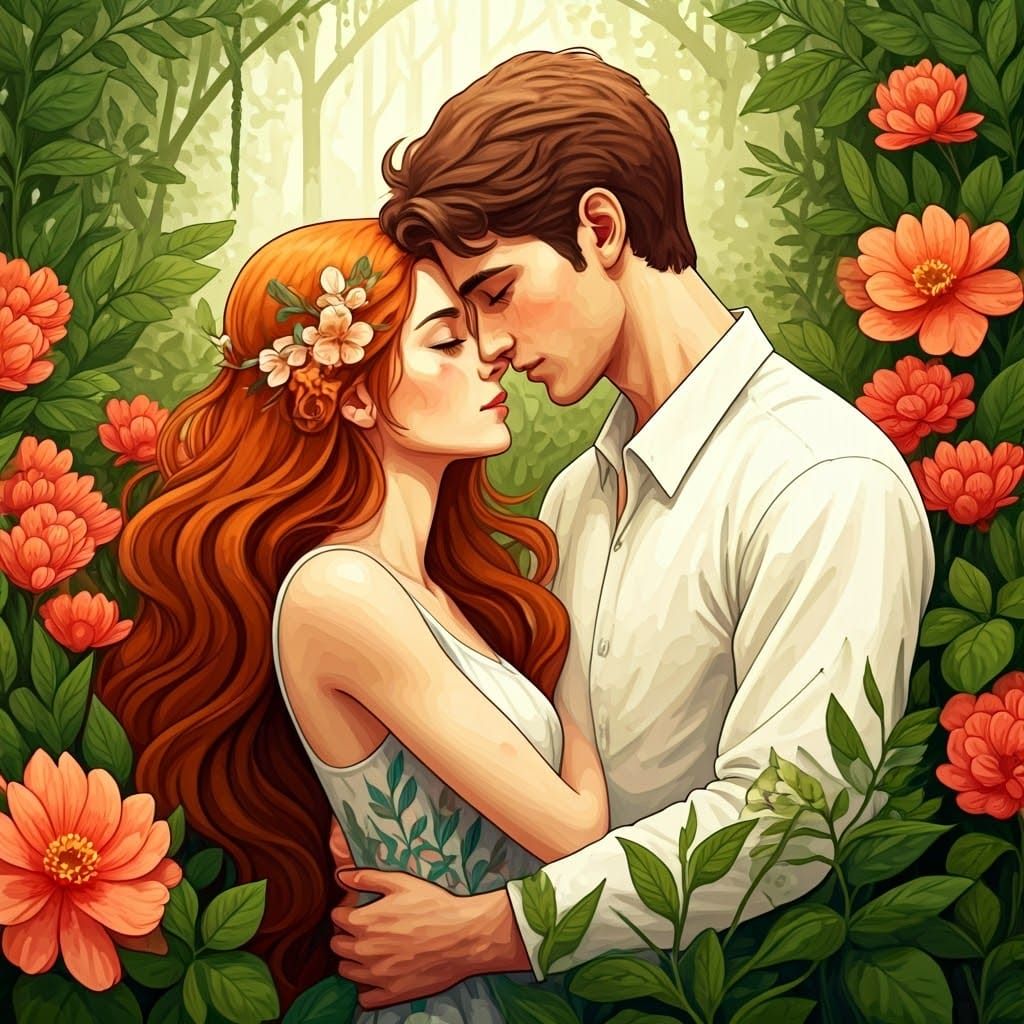 Romantic Embrace in Lush Garden: Surreal Illustration