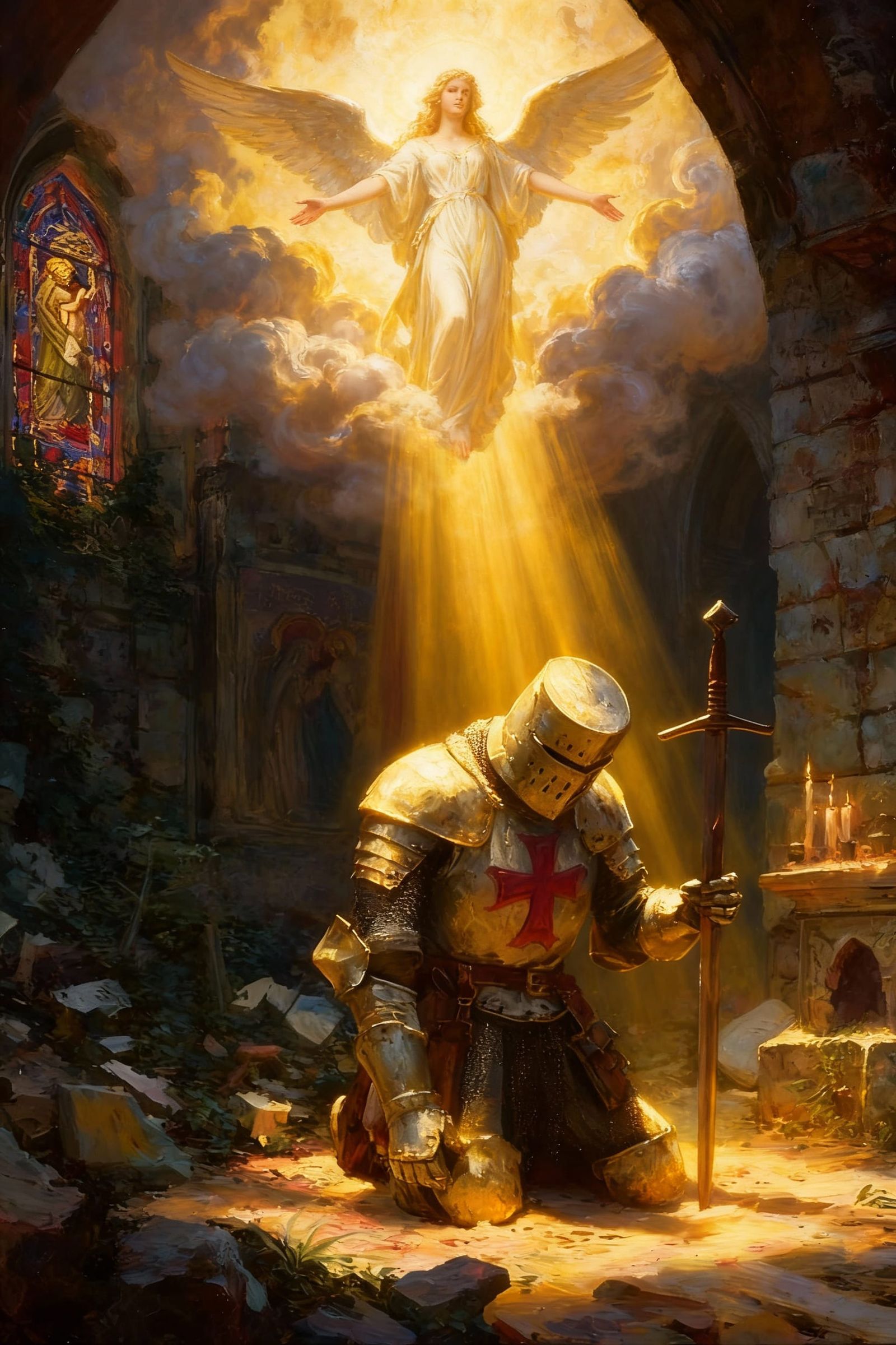 Templar Knight Kneels in Prayer Before Angel and Cross