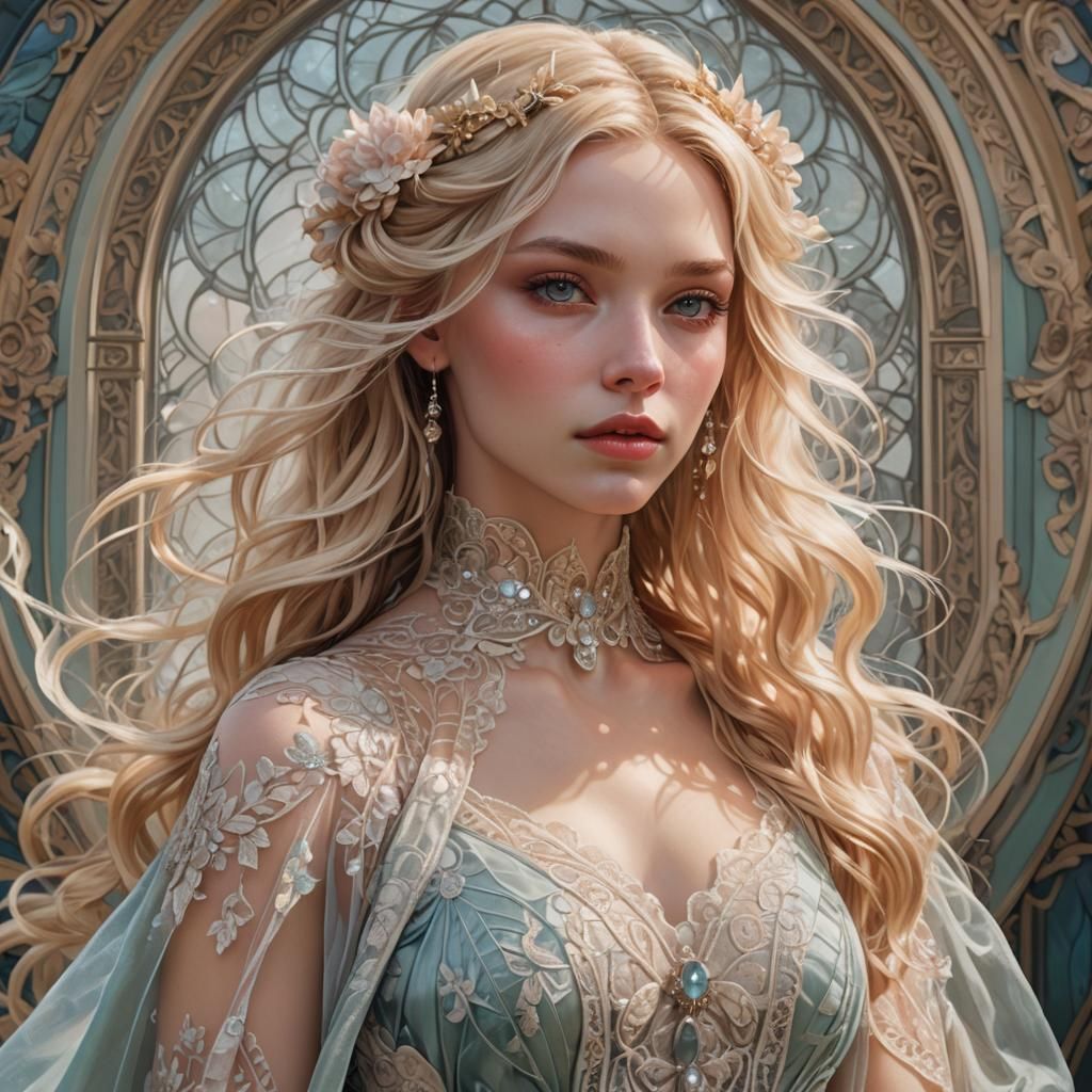 Blonde Girl Portrait with Flowing Dress in Ornate Style