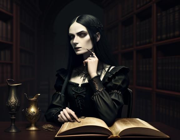 Gothic Woman in Dimly Lit Library