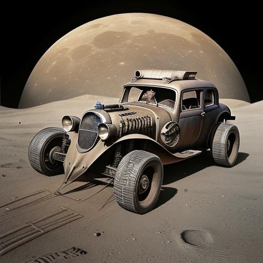 Retro Mad Max Car on Moon, Renaissance Style