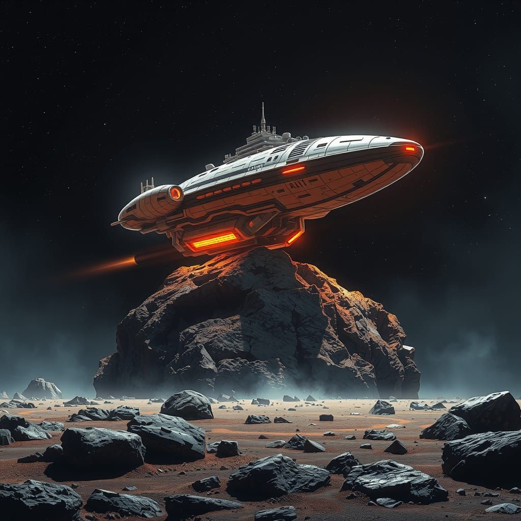 Generation Ship Landing on Asteroid in Sci-Fi Style