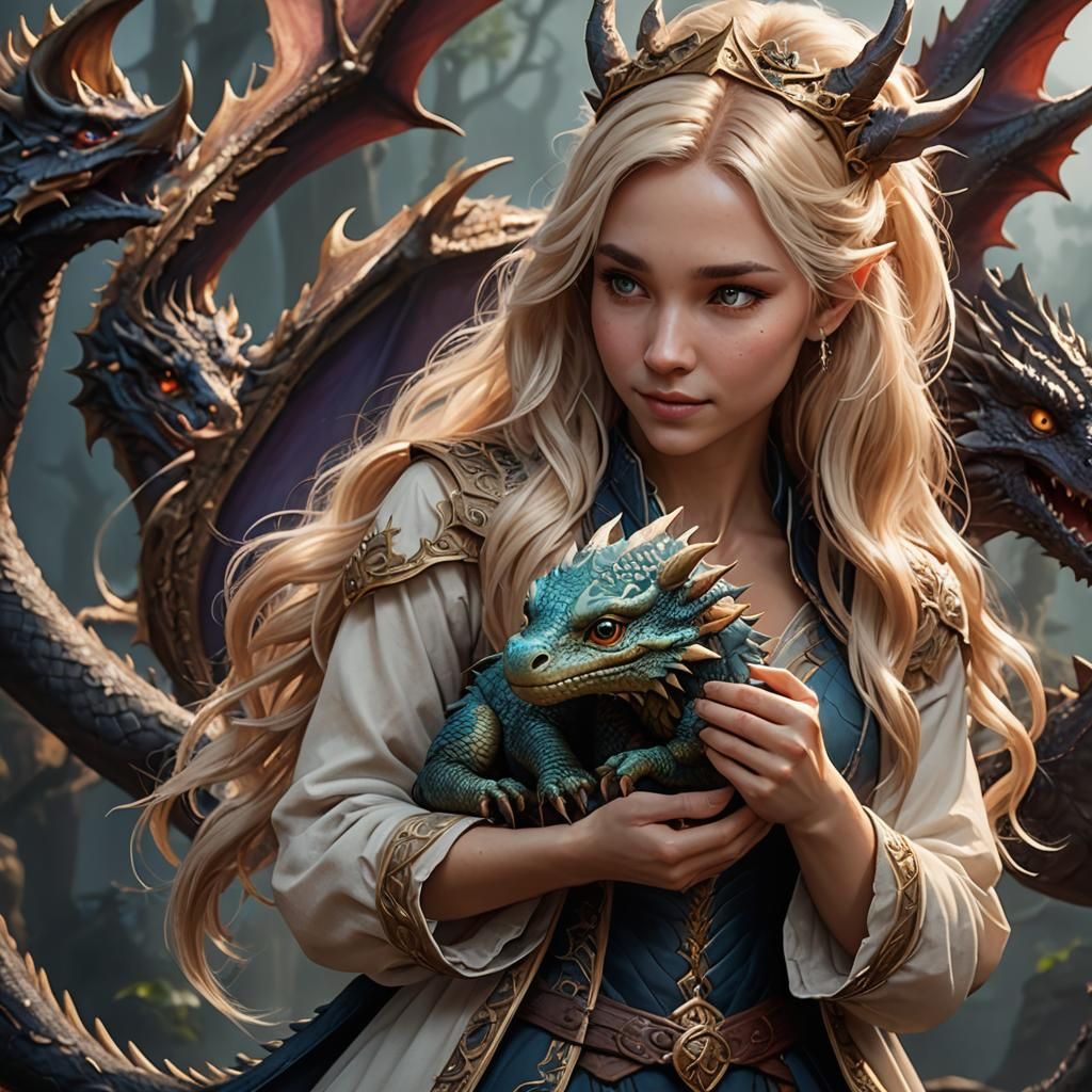 Woman Holding Miniature Dragon: Fantasy Concept Art