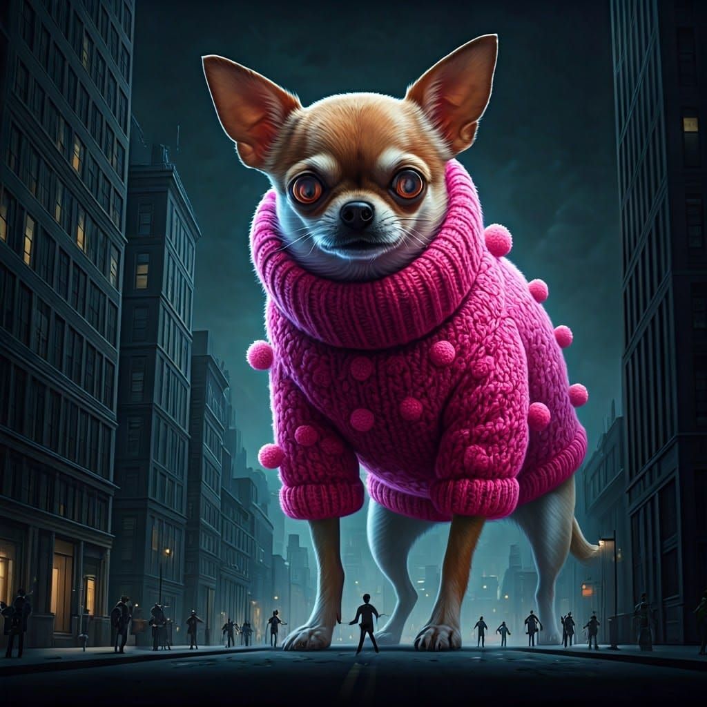 Gigantic Chihuahua Unleashes Chaos in Dark Cityscape