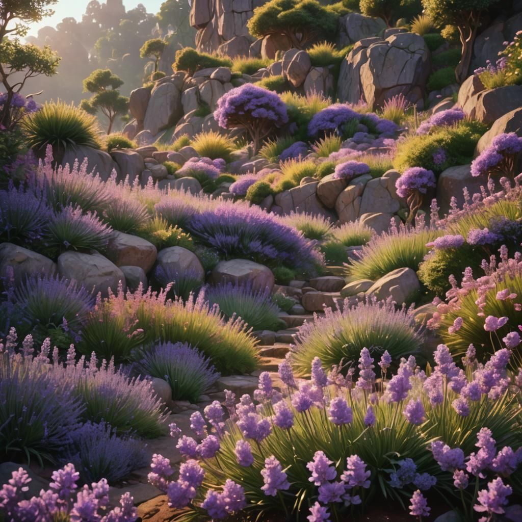 Lavender Blooms in Rockery Garden: Impressionist Digital Art