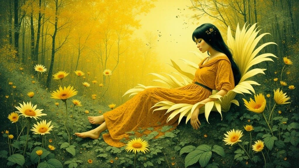 Forest Nymph Sleeps on Daisy Under Sunbeam, Expressive Brush...