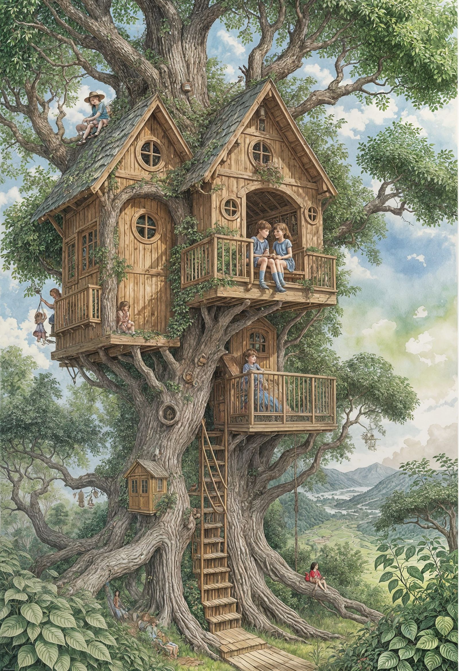 Kids in Summer Treehouse: Watercolor Illustration