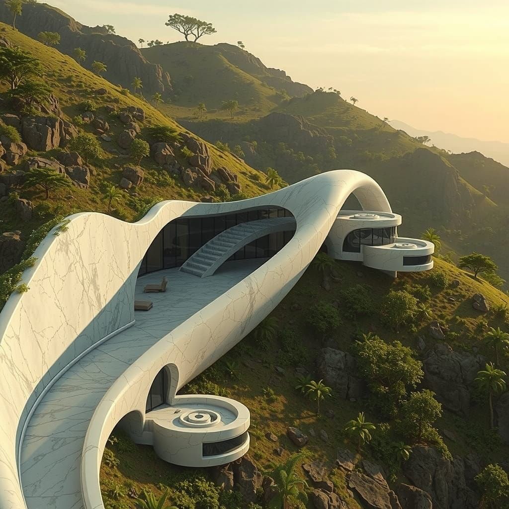 A cavernous, open-concept eco-dwelling with smooth, flowing curves of glassy white marble, volcanic textures, and intric...