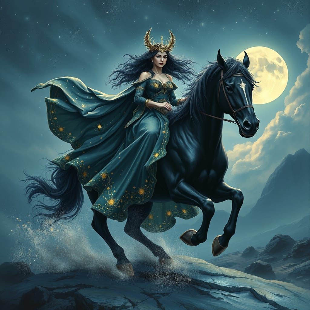 Norse Goddess Nott Rides Majestic Black Horse Under Starry S...