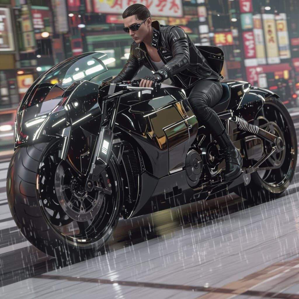 Neo Rides a Futuristic Motorcycle in Cyberpunk Tokyo