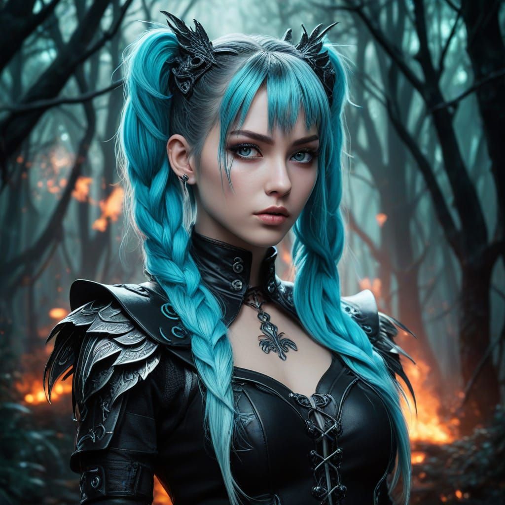 Anime Woman with Phoenix Tattoo in Gothic Forest