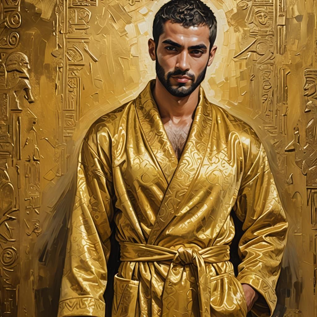 Handsome Egyptian Man in Gold Bathrobe, Impressionist Portra...