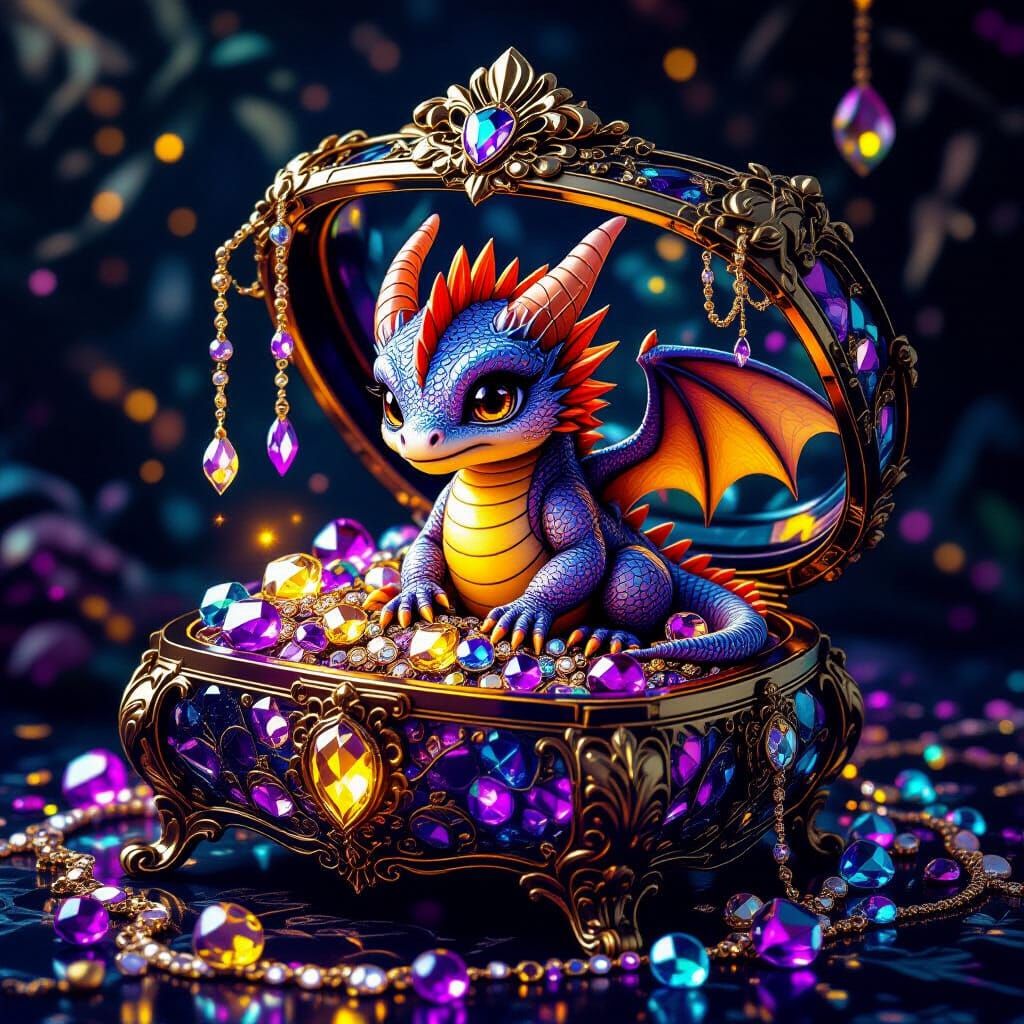 Baby Dragon in Jewelry Box: Dark Fantasy Art