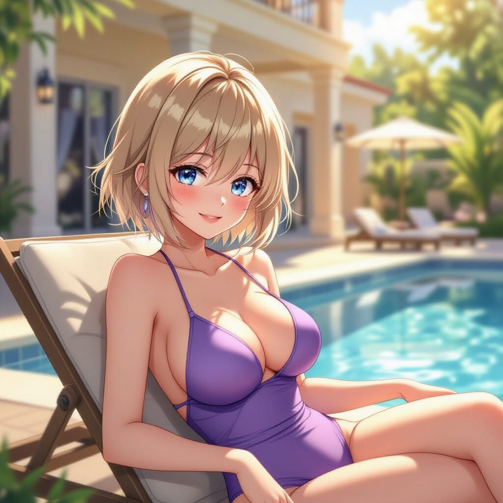 Anime Woman Sunbathing in Lilac Swimsuit