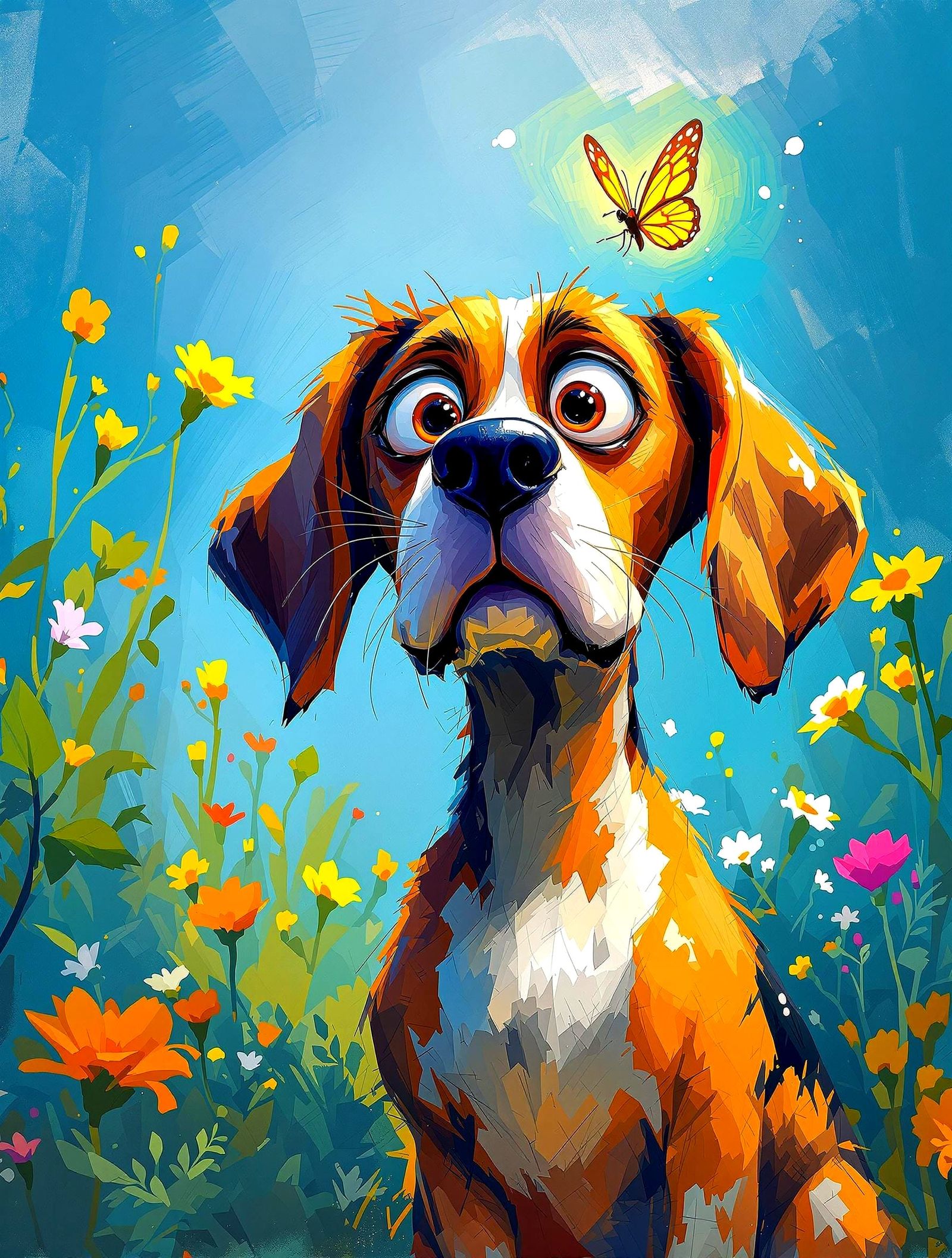 Expressive Cartoon Beagle with Butterfly, Gritty Brushwork