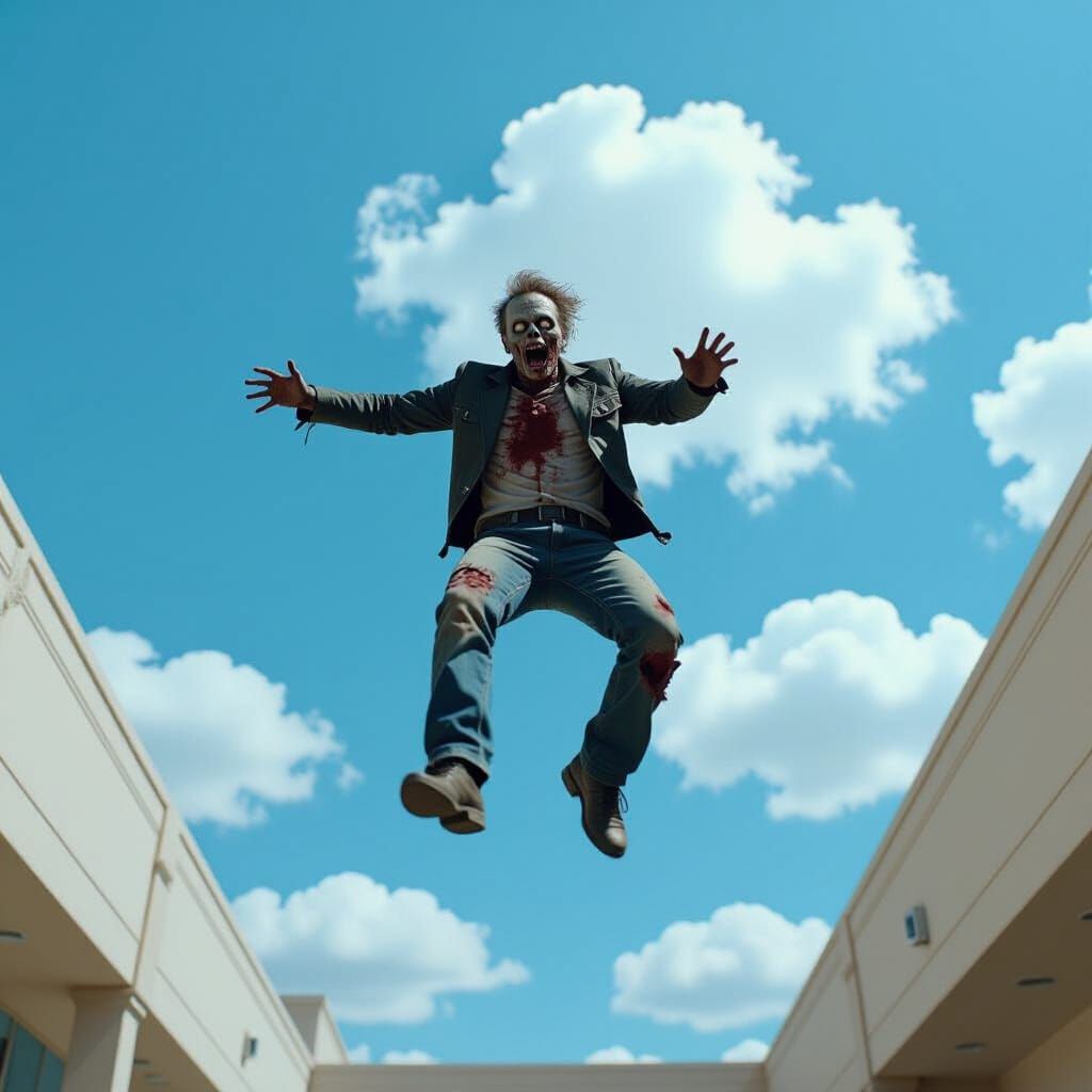 Zombie's Mall Skylight Dive: Cinematic Film Still