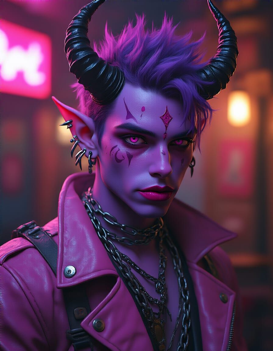 Cyberpunk Tiefling Rogue in a Neon Bar