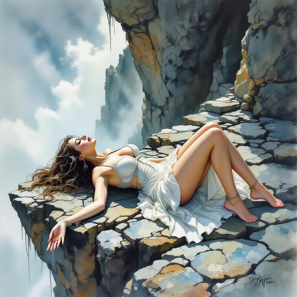 Fantasy Woman on Cliff Ledge in Watercolor Style