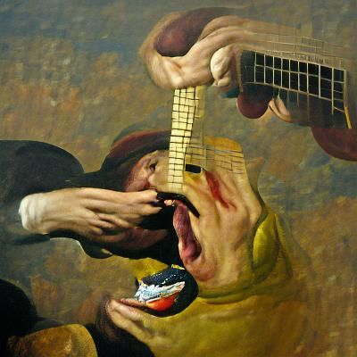 Guitar Bites Hand: Renaissance Oil Painting