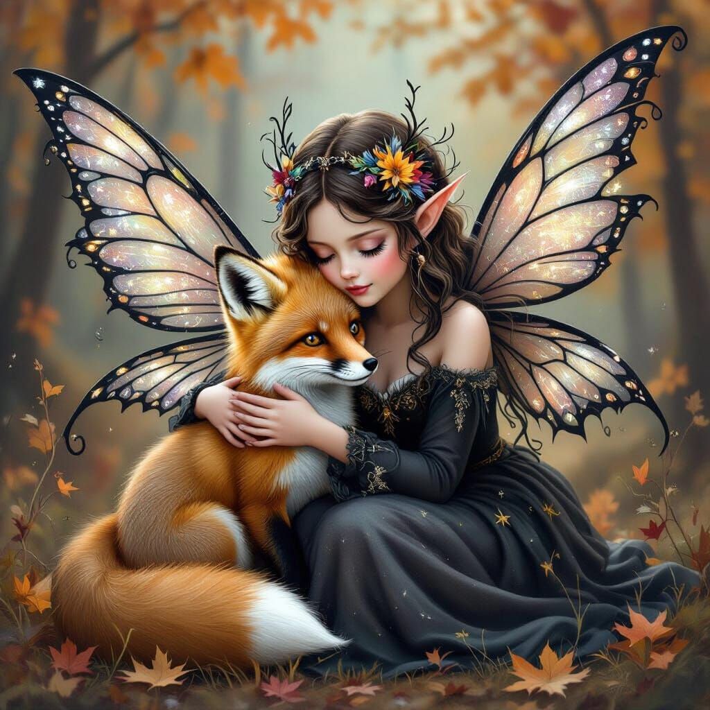 Gothic Fairy Embraces Baby Fox in Autumn