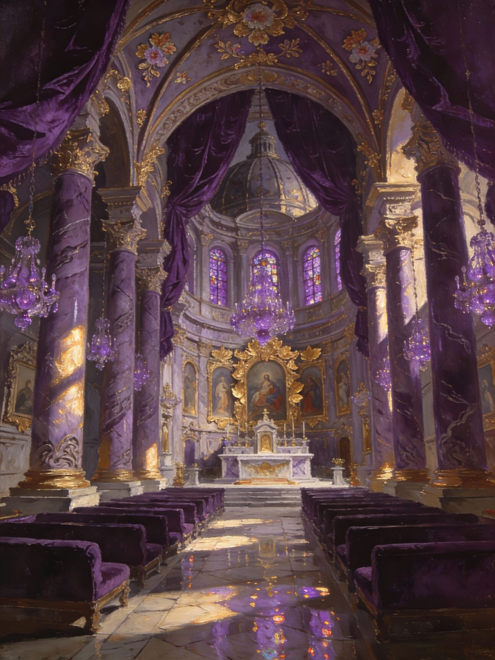 Grand Baroque Church Interior Oil Painting