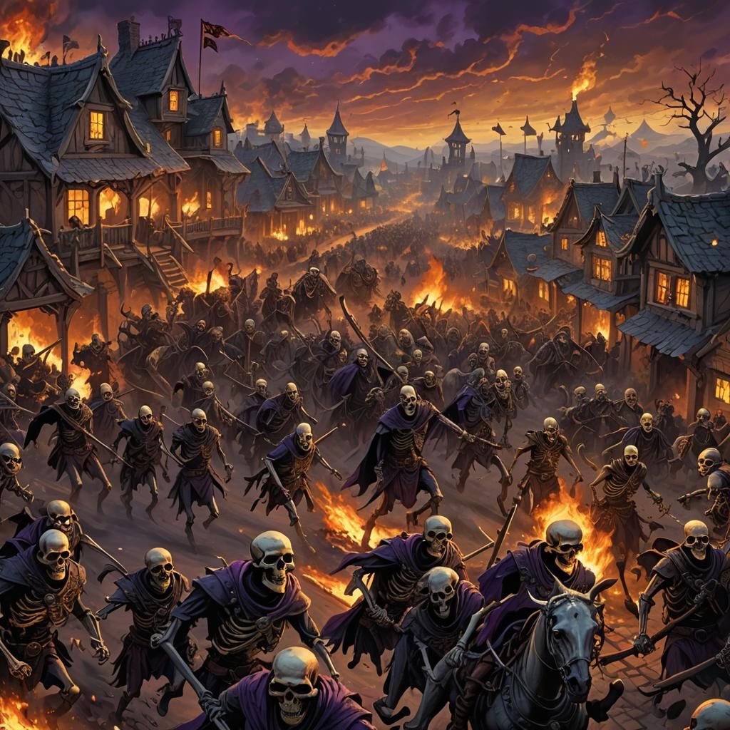 Skeleton Army Pillaging Town in Dark Fantasy Style