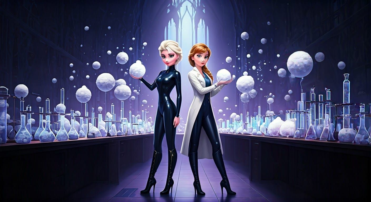 Elsa and Anna, dressed in full body latex bodysuits, over knee stiletto high heel boots, and white doctor's coats, stand...