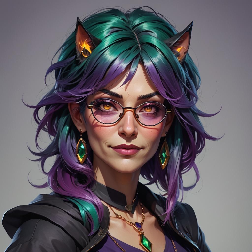 Purple-Haired Witch Portrait in Art Nouveau Style