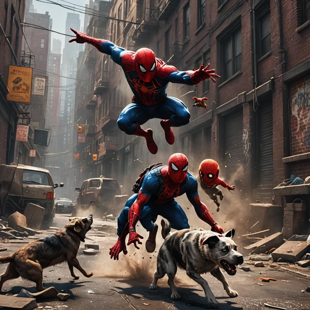 "Create an image of Spiderman in action, protecting a fright...