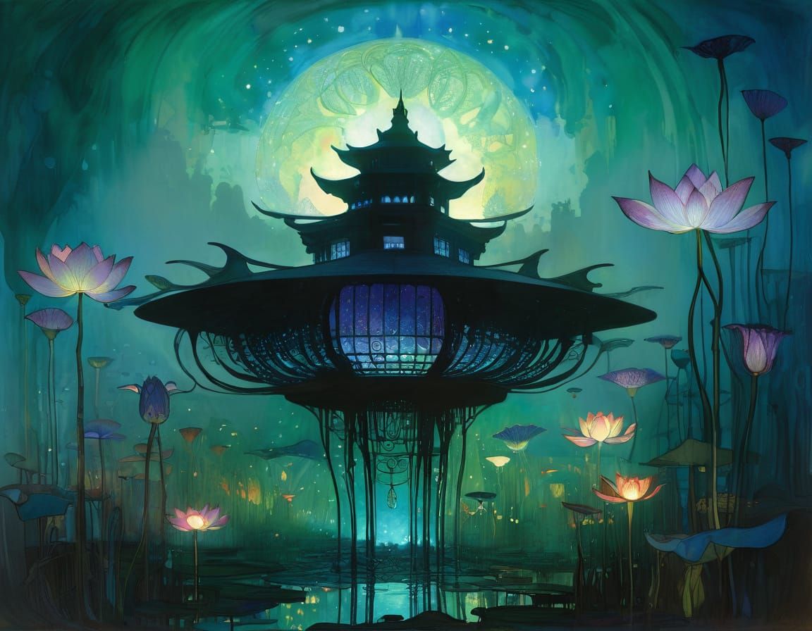 Bioluminescent Lotus in Alien Jungle Twilight