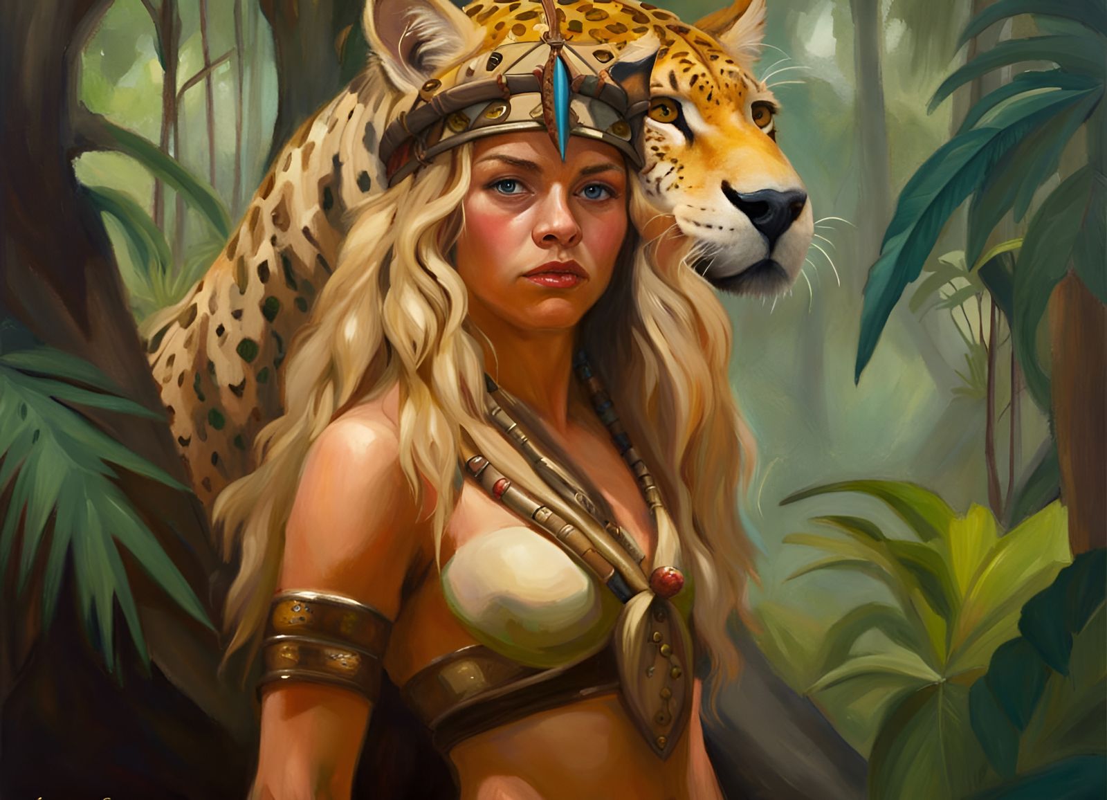 Fantasy Warrior in Jaguar Headdress Oil Painting