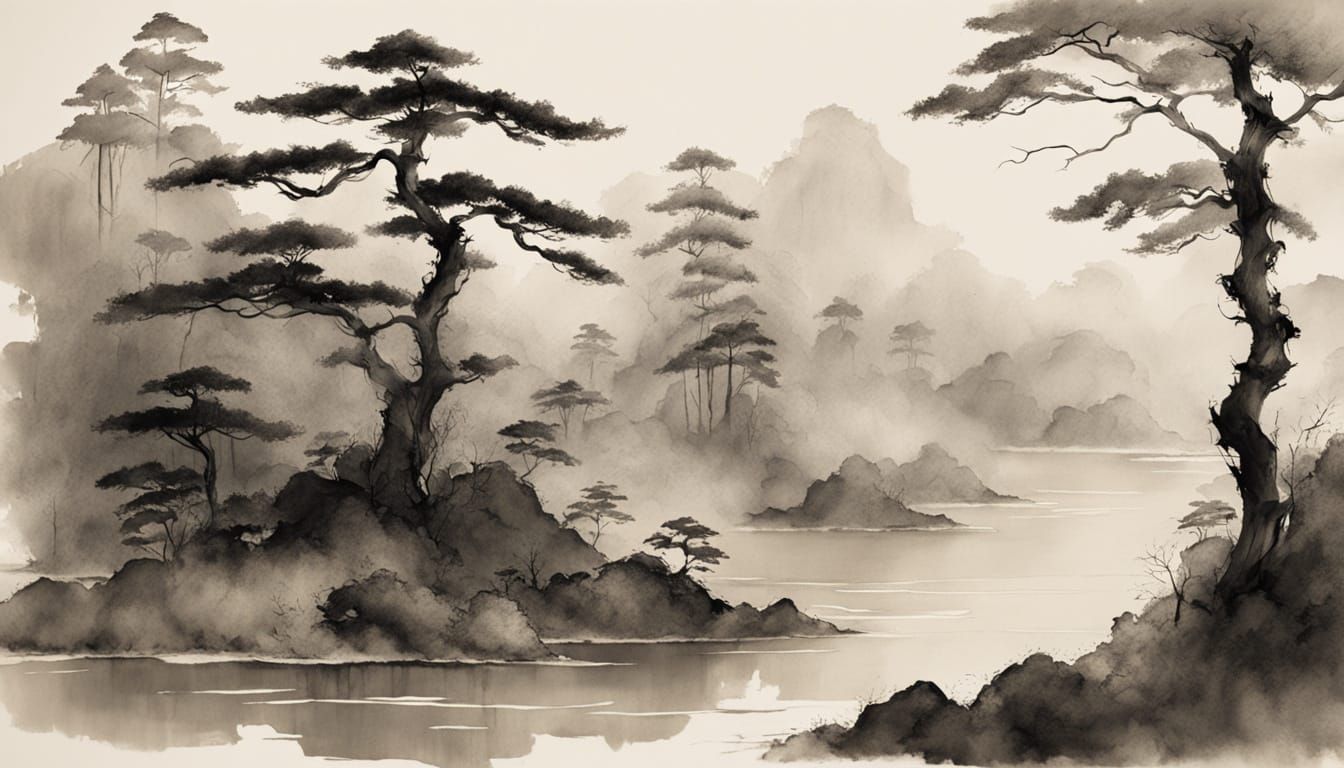 Wise Monk in Serene Forest Landscape, Traditional Japanese S...