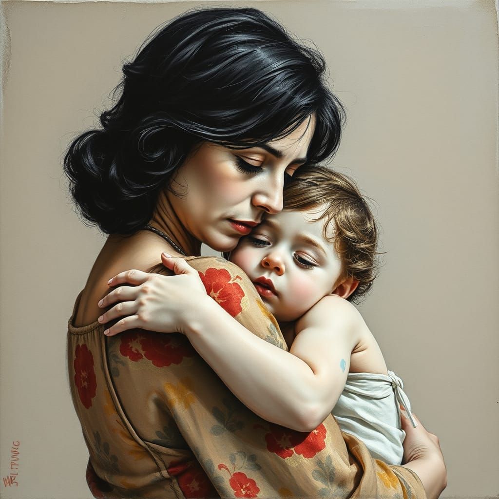 Tender Moment of Motherly Love in Vibrant Impressionist Styl...