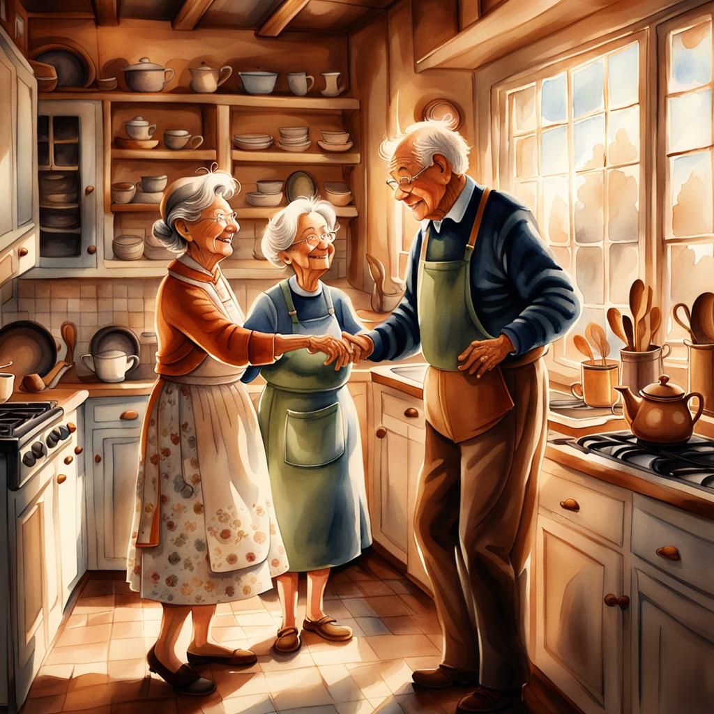 Elderly Couple Dancing: A Watercolor Folk Art Illustration