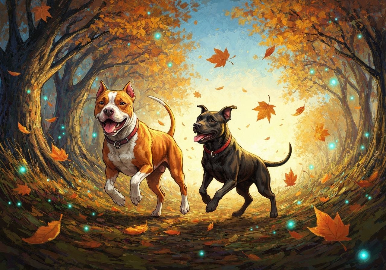 Pitbulls Play in Autumn Fantasy Landscape