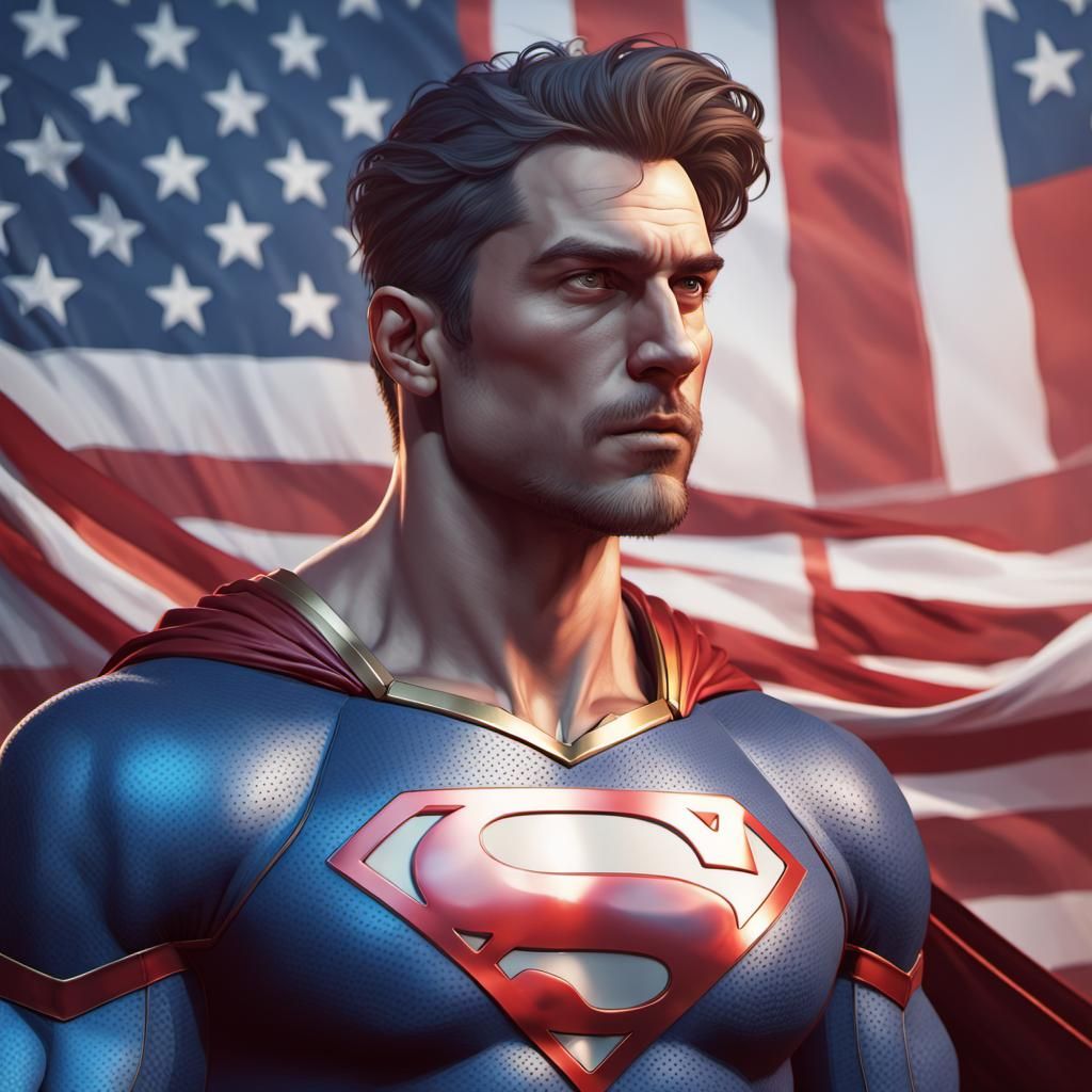 Heroic Superman Portrait with American Flag Backdrop