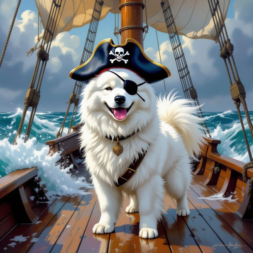 Samoyed Pirate Dog on Stormy Seas, Whimsical Illustration