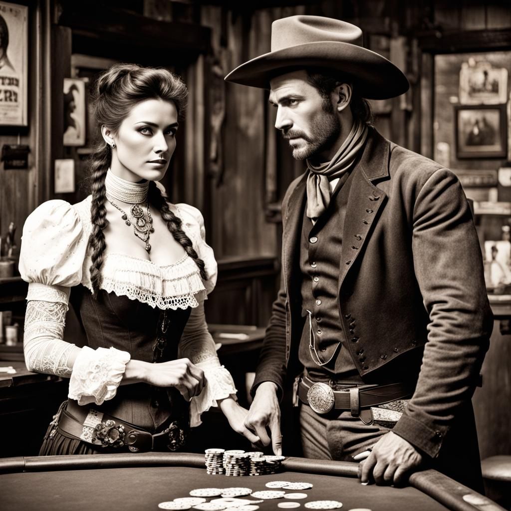 Western Cowboy and Saloon Woman at Poker Table