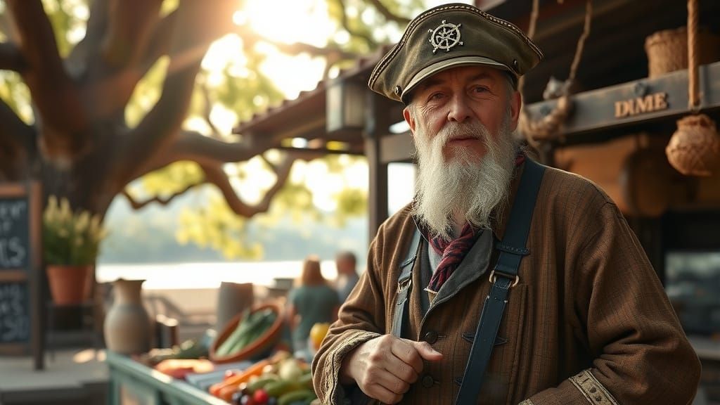 An old captain, his weathered face etched with tales of the ...