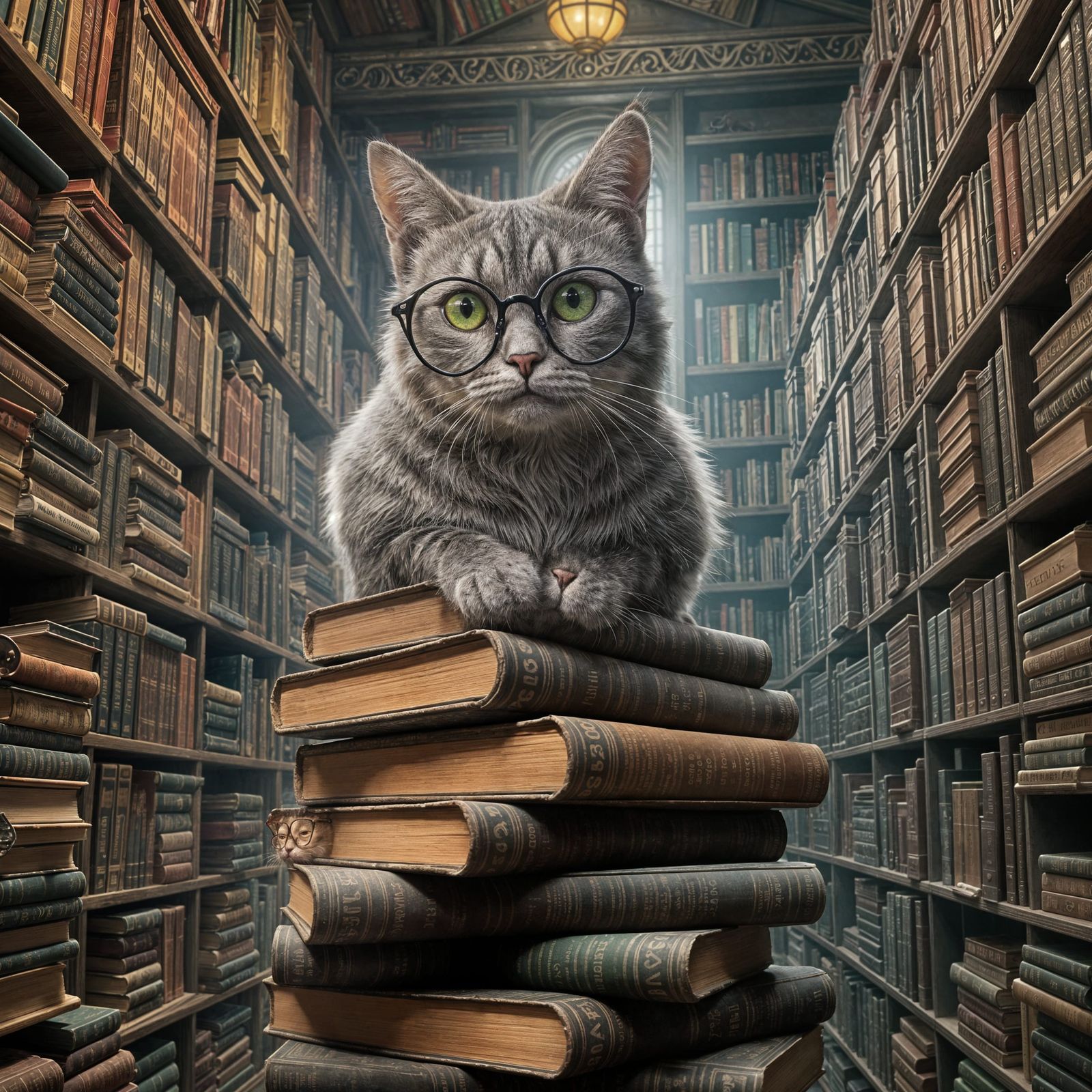 Scholarly Cat Surrounded by Ancient Tomes in a Fantastical S...