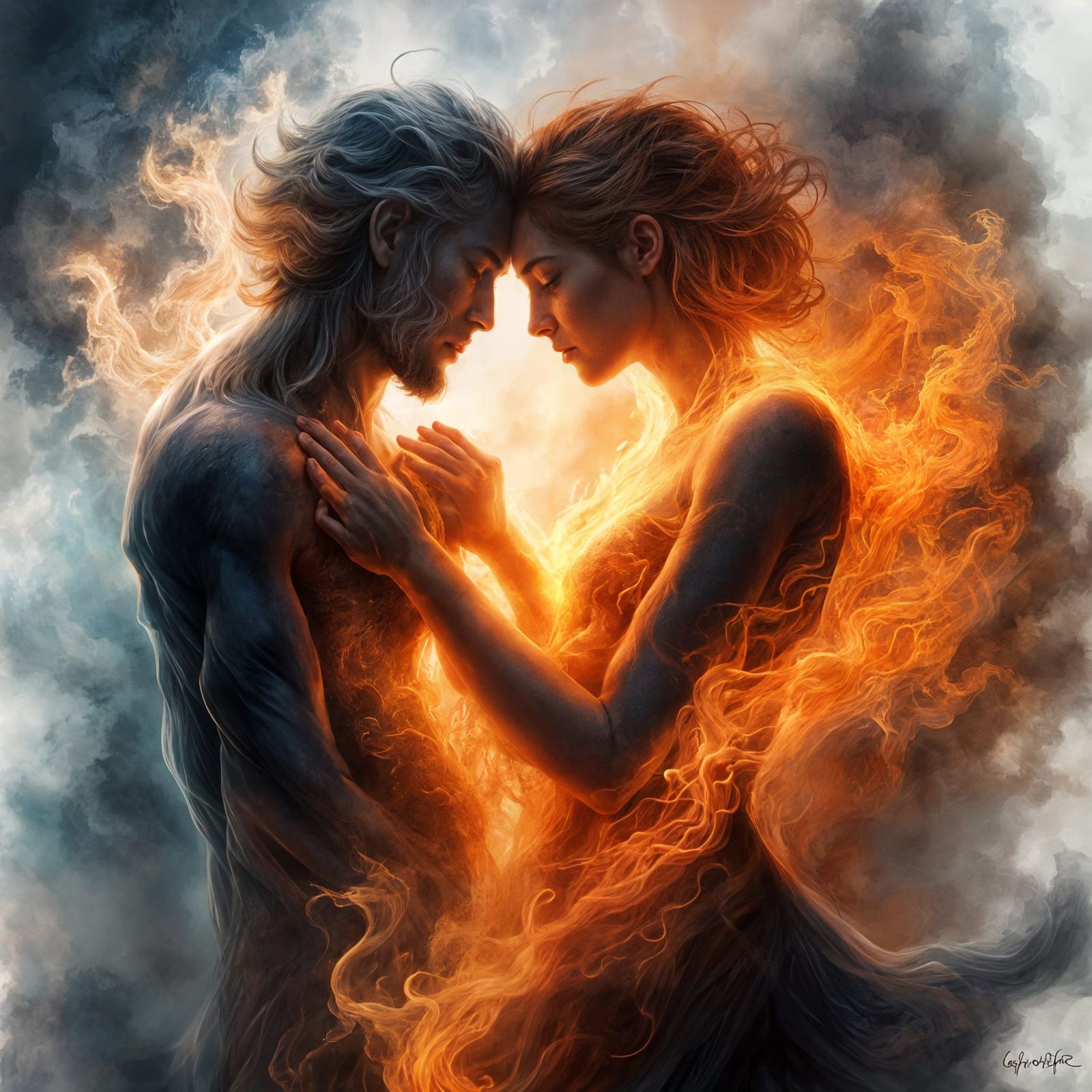 Elemental Spirits' Farewell Embrace: Digital Painting