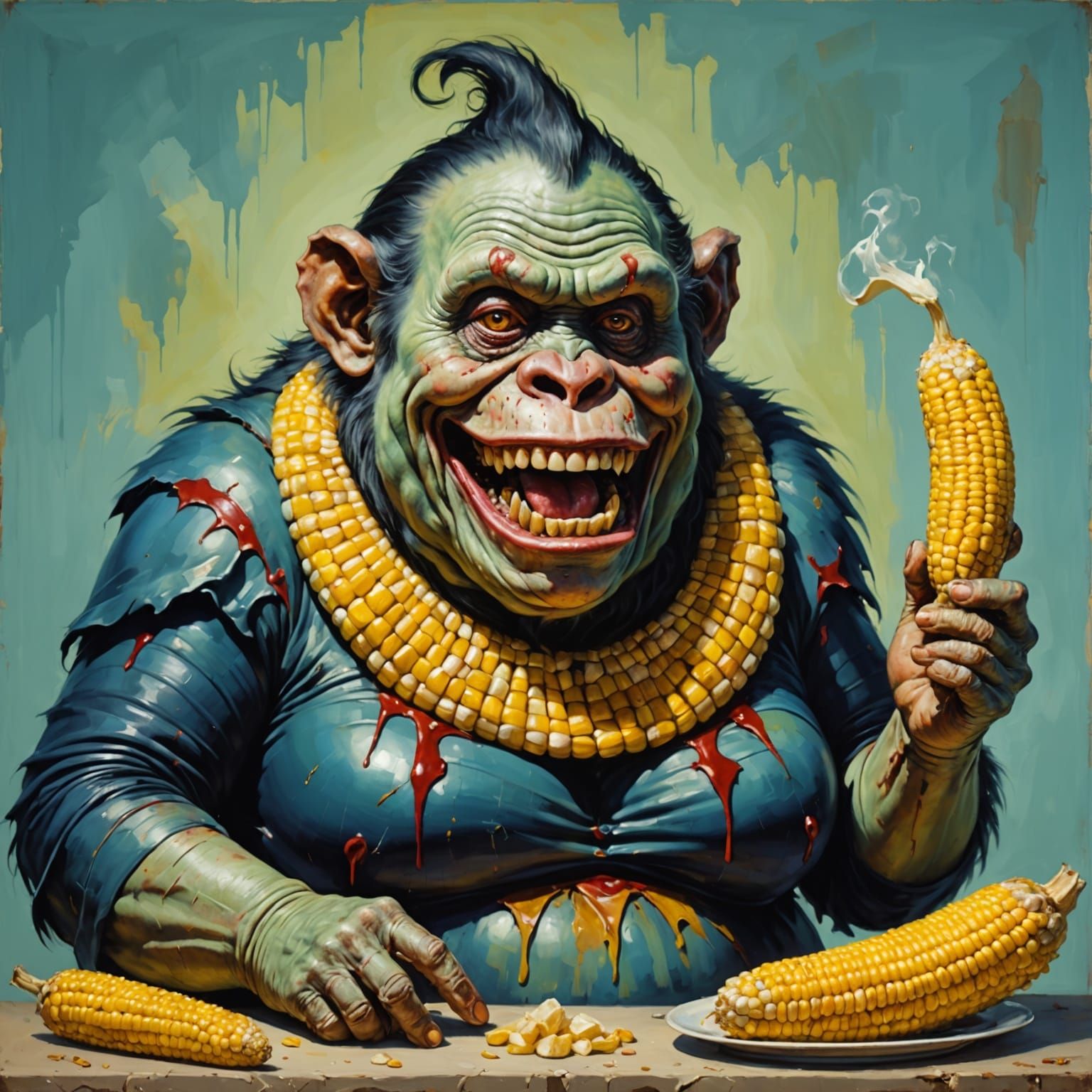 Grotesque Surrealist Art of a Massive, Obese Zombie Monkey C...