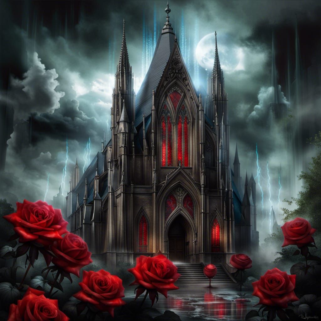 Gothic Cathedral with Bioluminescent Roses, Photorealistic