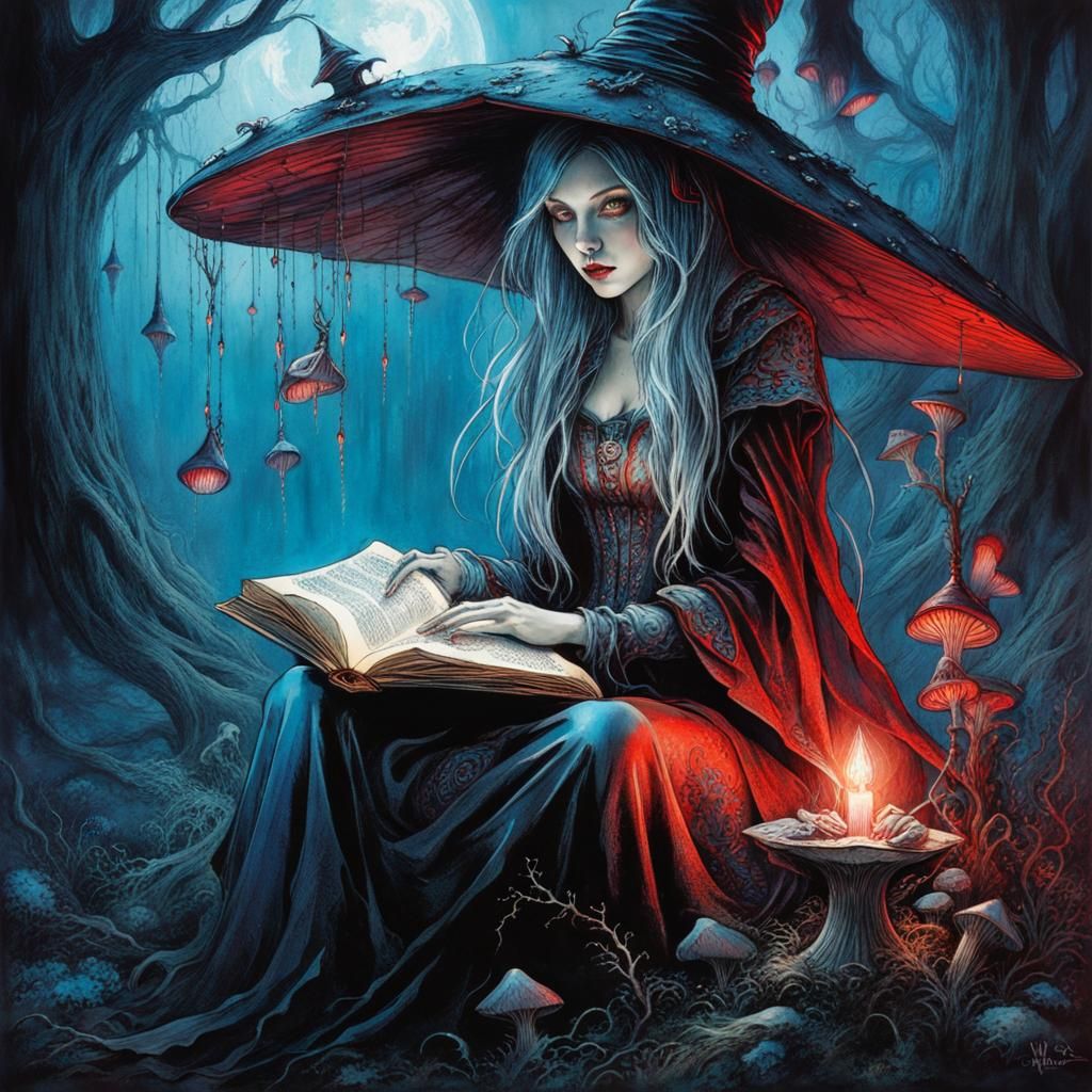Mushroom Witch Reading in a Bioluminescent Wonderland