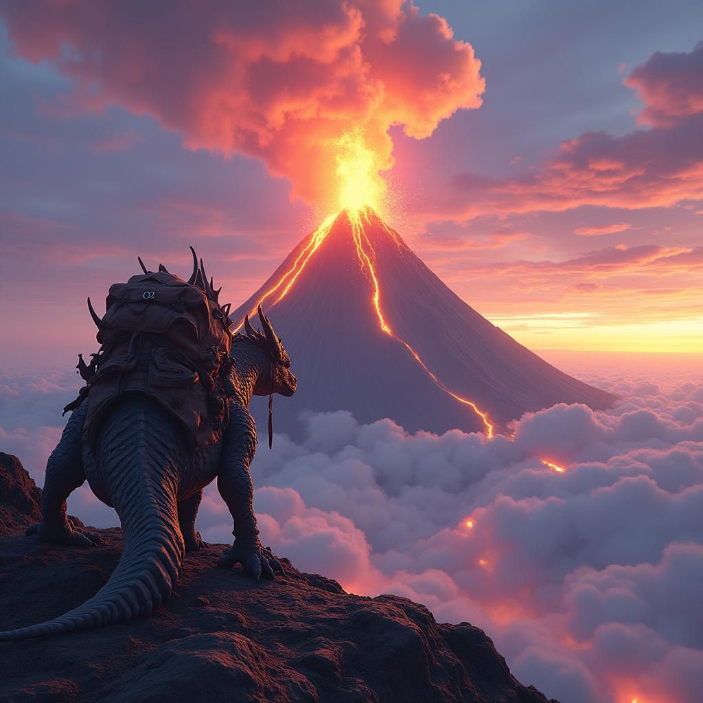 Dragon Hikes to Volcano Under Colorful Sky