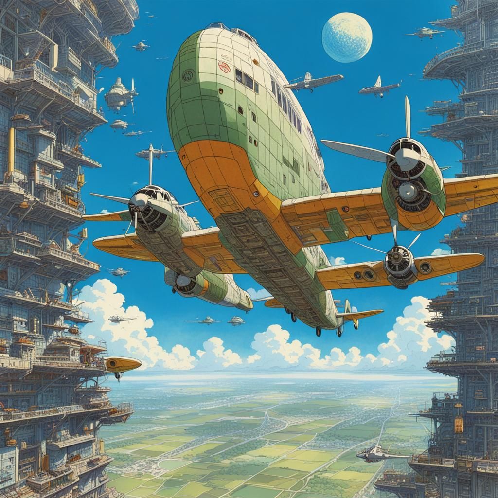 Flying Fortress: Sci-Fi Anime Art in Moebius Style