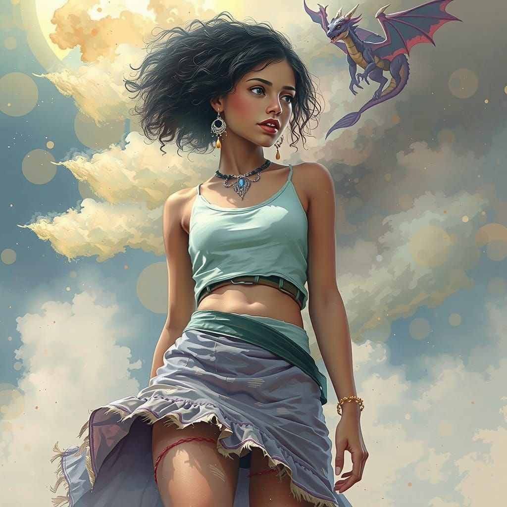 Surreal Watercolor Portrait of Teen Girl and Baby Dragon